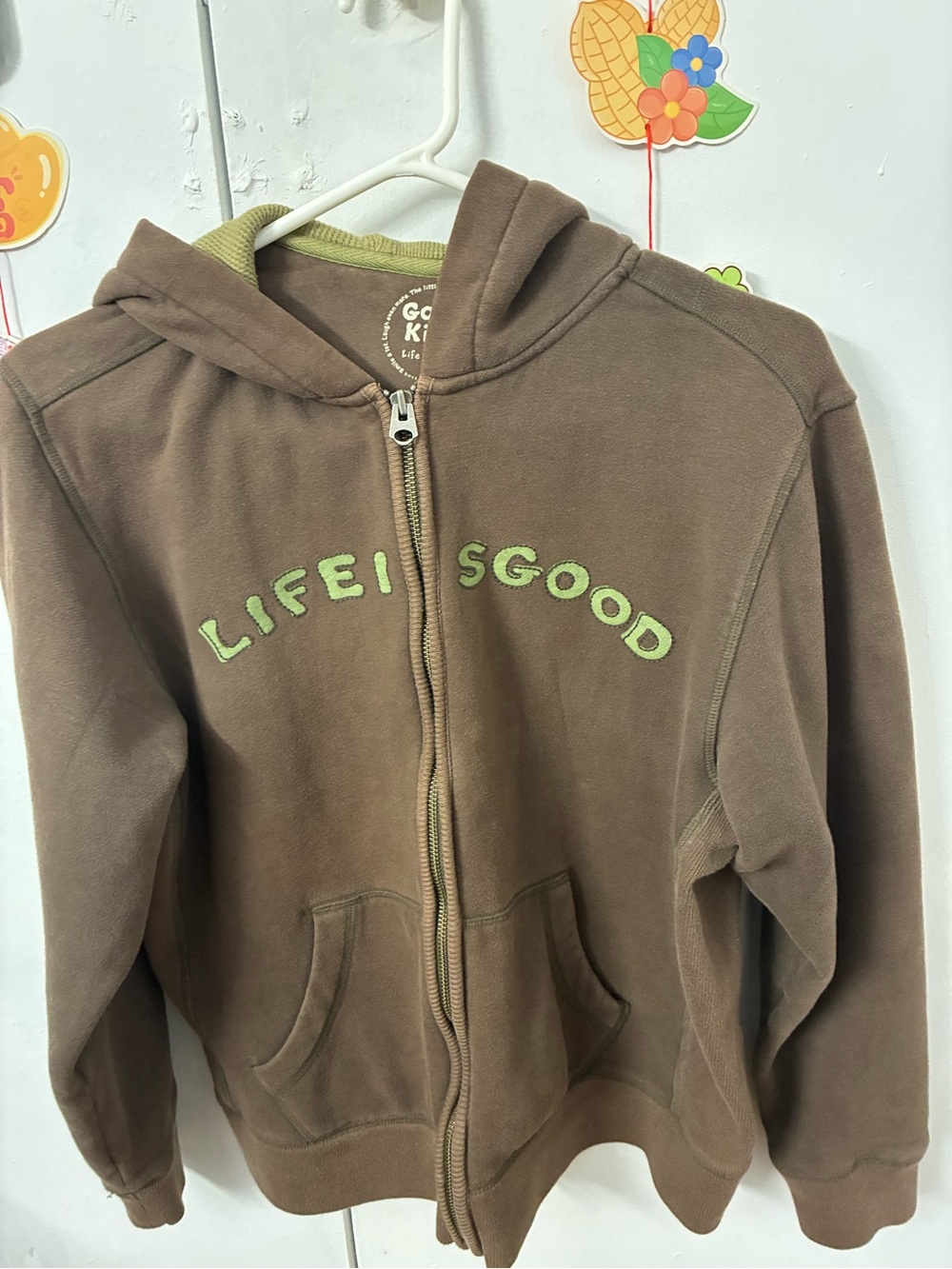 Life Is Good Brown Hoodie with Green Lettering - Kids Zip-Up